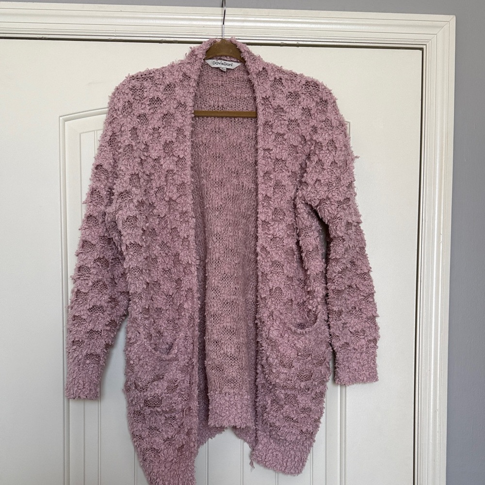 Davi & Dani Dusty Pink Textured Cardigan - Silver Metallic Thread, Size L